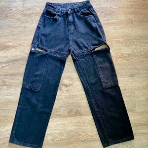 Black Cargo Jeans with Deep Pockets + Side Slits – Size Extra Small